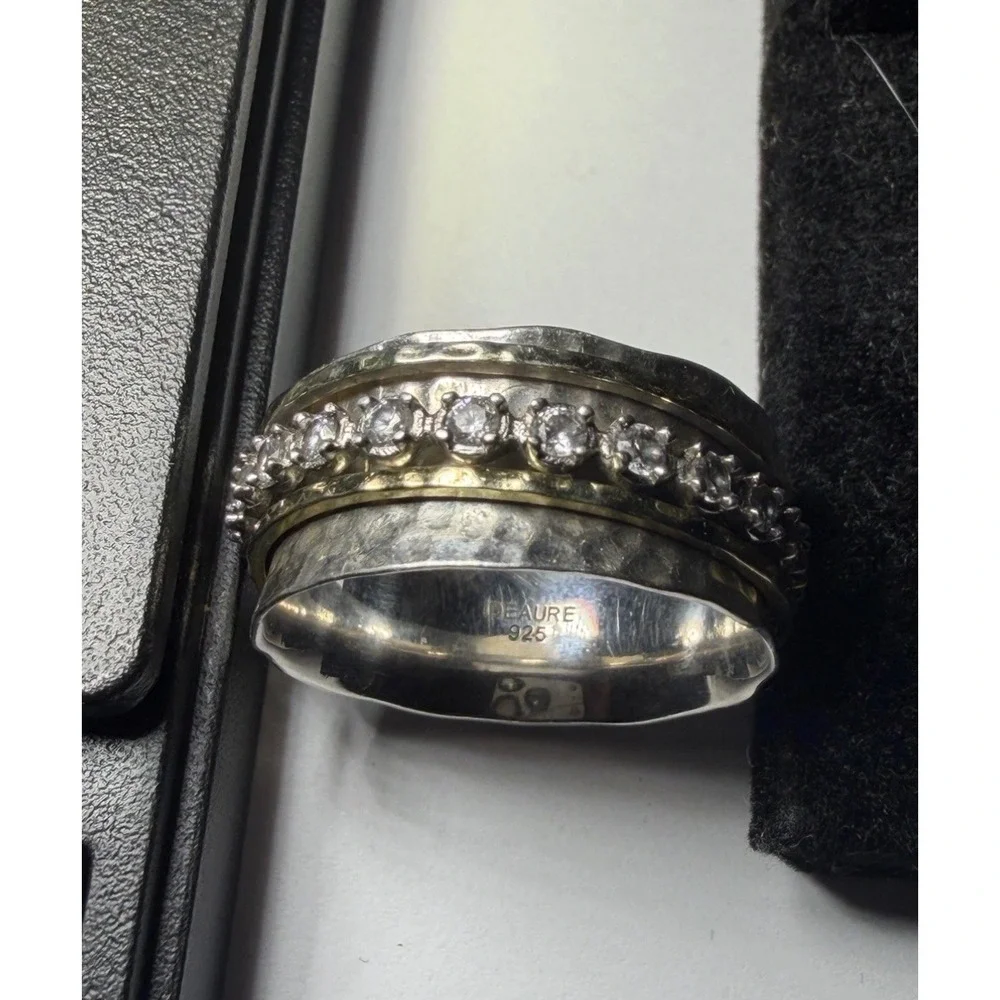 Deaure Sterling Silver 925 Spinner Ring Hammered Mixed Metal CZ Size 10